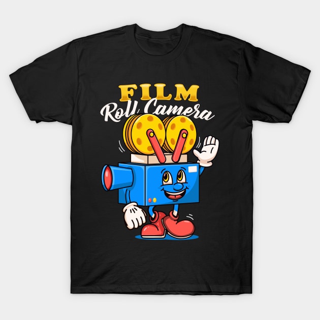 Film Roll Camera, cute character mascot film roll camera T-Shirt by Vyndesign